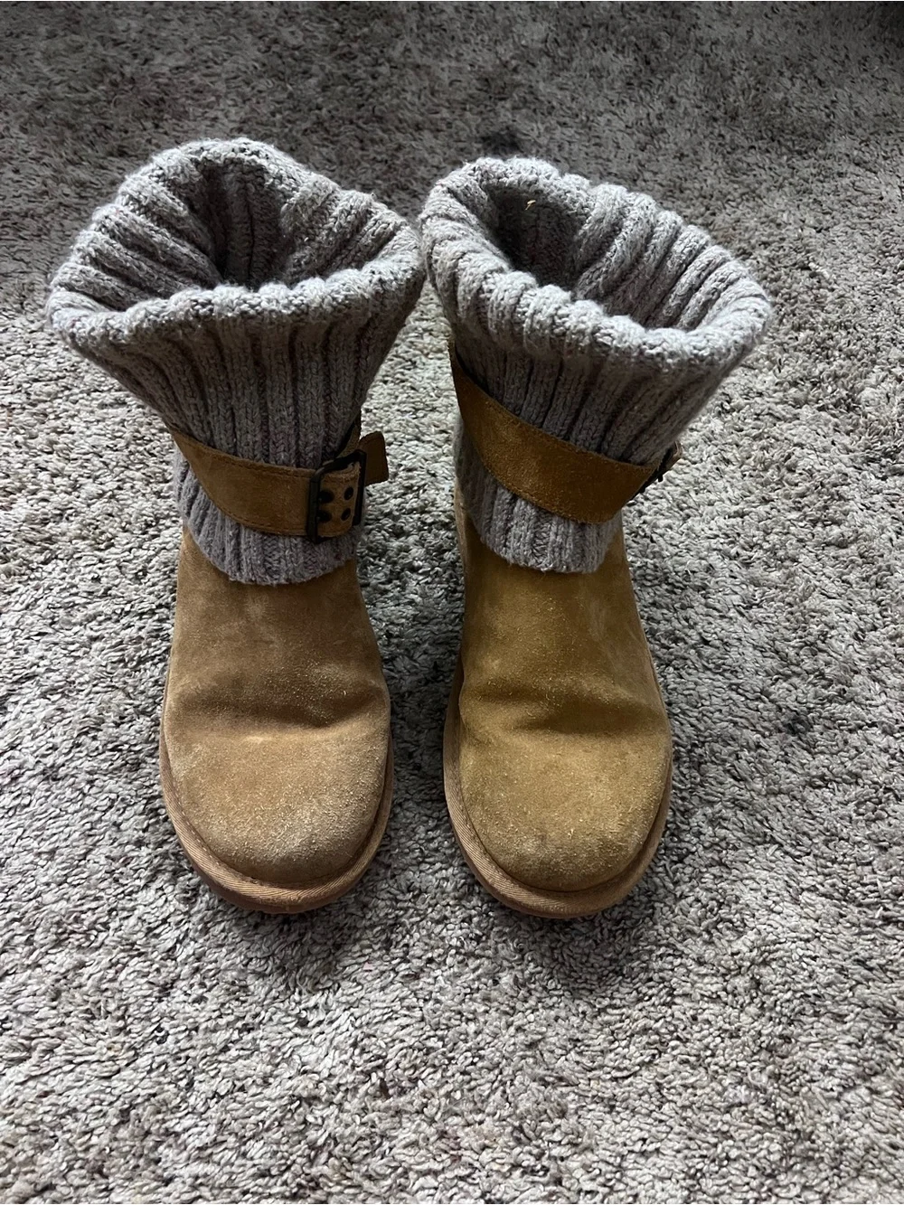Tan Suede & Knit Buckle Ankle Boots